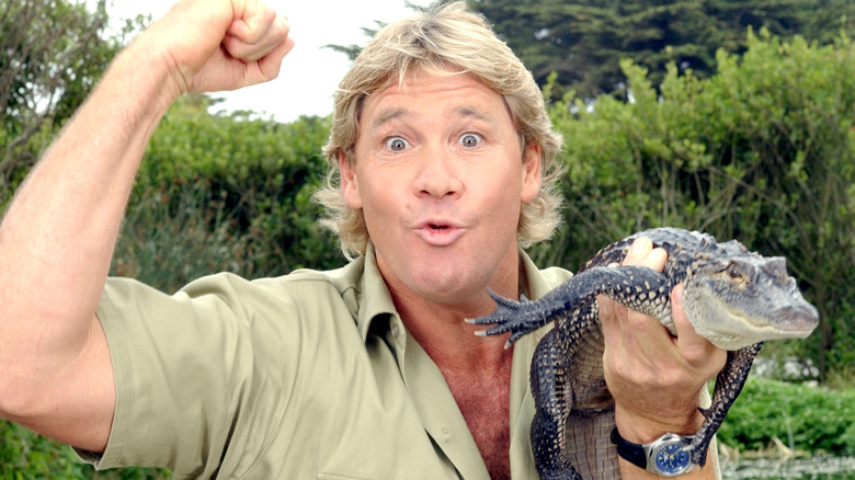 Steve Irwin holding crocodile in publicity shot
