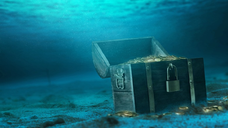 Wooden treasure chest underwater illustration.