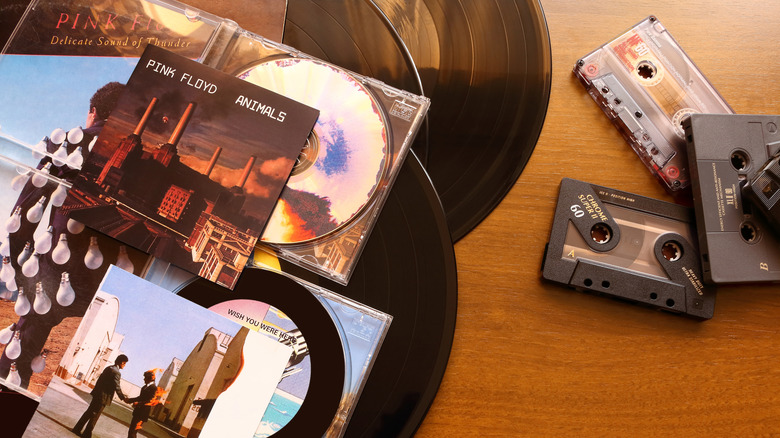 Collection of Pink Floyd CDs, cassettes, and records.