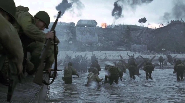 Screenshot showing troops approaching large German defense, Saving Private Ryan