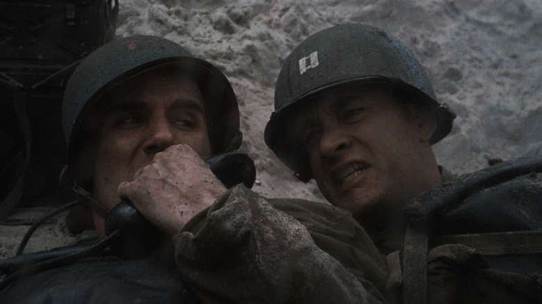 Tom Hanks and Tom Sizemore talking mid-battle, Saving Private Ryan