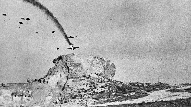 German paratroopers descending during the Battle of Crete