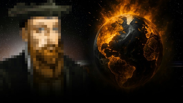 Side by side photos of a blurry figure and a burning planet earth