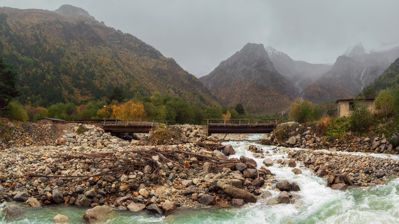 The sky darkens over Khares River, North Ossetia