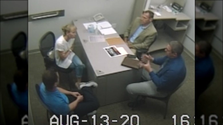 Still from interrogation video showing Sherri Papini talking to police officers in August 2020.