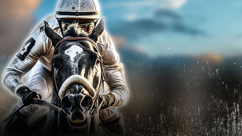 A jockey  on a race horse at the Kentucky Derby