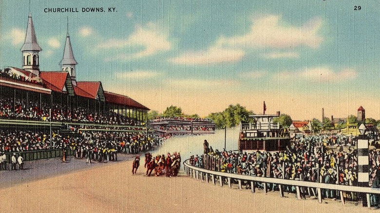 Historical painting of horse racing at Churchill Downs