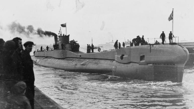 HMS Trident submarine entering dock, WWII