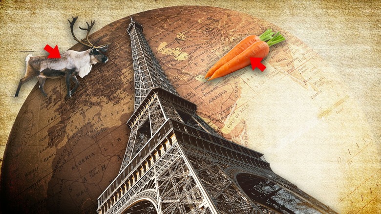 A reindeer, the Eiffel Tower, and two carrotrs in front of planet Earth