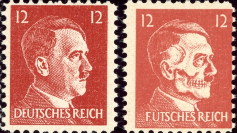 Three forged German stamps featuring Hitler's face, including one with superimposed skull