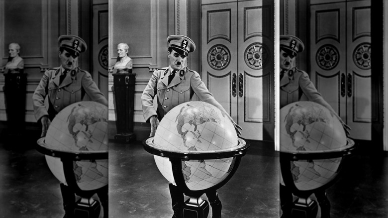 Charlie Chaplin with globe in still from "The Great Dictator"