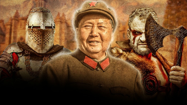 Side by side photos of mao zedong, a viking and a solider