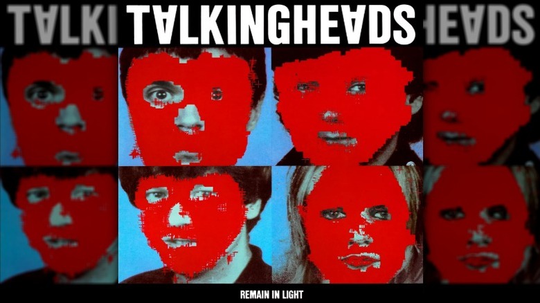 Cover art for Remain in Light by Talking Heads, featuring photos of the band members' faces covered in pixelated red blots