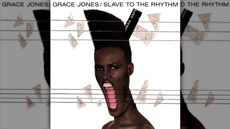 Cover art for Slave to the Rhythm by Grace Jones, featuring identical photos of a screaming Jones assembled into a collage that elongates her mouth