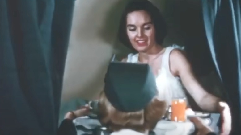 Flight attendant giving passenger breakfast in bed