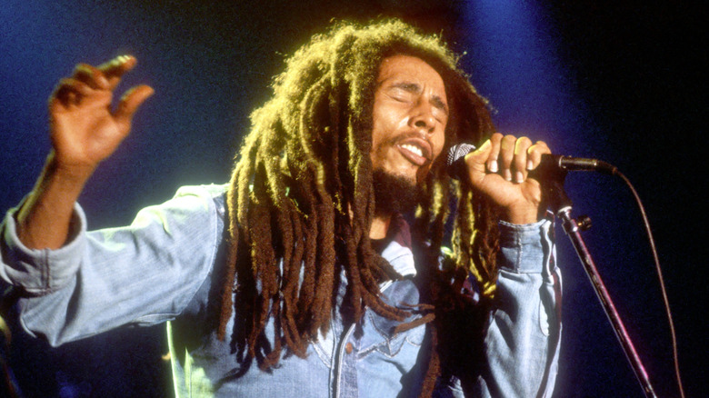 Bob Marley singing onstage into mic