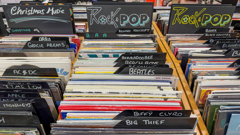 Vinyl records arranged into bins