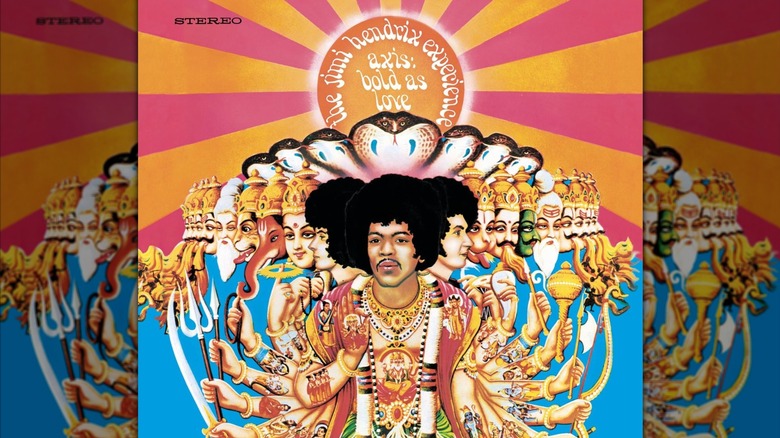 Psychedelic image of Jimi Hendrix and Indian-themed characters on cover of Axis: Bold as Love