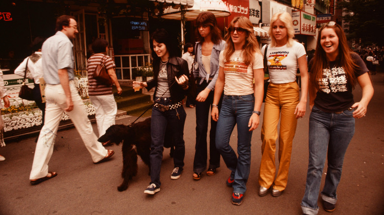 Members of The Runaways walking in Harajuku, Tokyo, Japan, 1977
