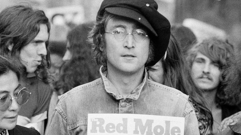 John Lennon and Yoko Ono attend a rally in Hyde Park, London