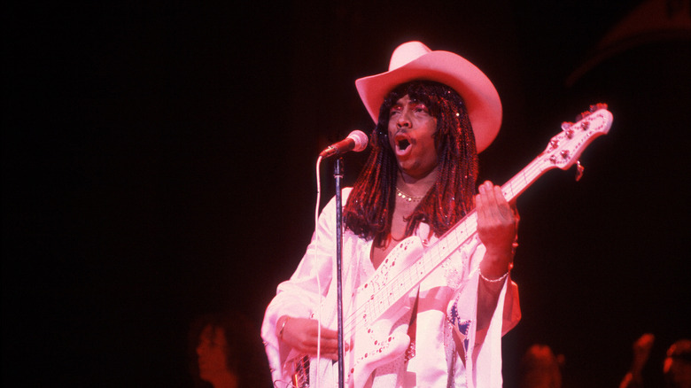 rick james in full camp outfit performing in 1980