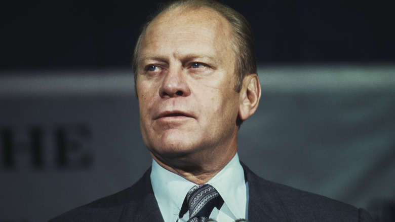Gerald Ford looking up and over during speech