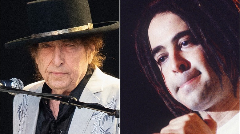 Bob Dylan sneering in hat and Adam Duritz lips pursed