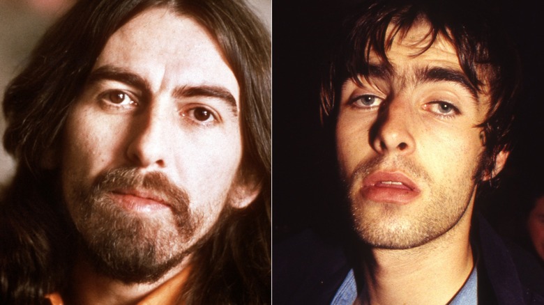 George Harrison staring at camera and Liam Gallagher looking ill