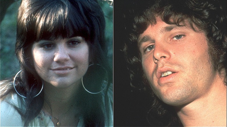 Linda Ronstadt looking away from camera by trees and Jim Morrison turning to look at camera