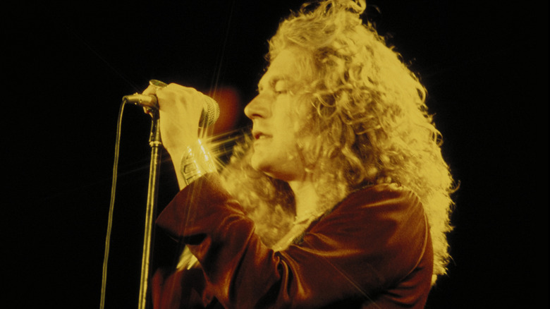 Led Zeppelin's Robert Plant singing on stage in the 1970s