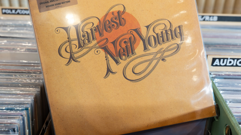 Neil Young's "Harvest" in a stack of records
