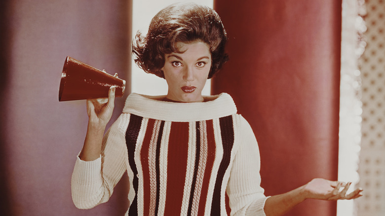 Connie Francis posing with small megaphone in 1960