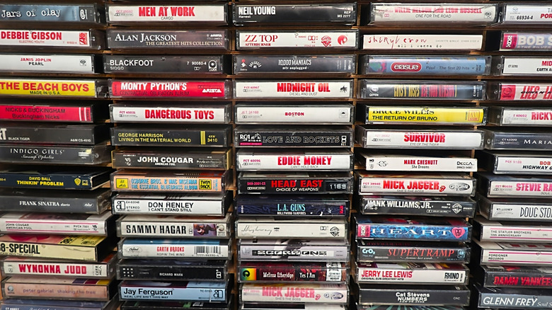 vintage cassette tapes in cassette rack