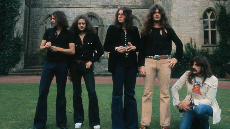 Deep Purple in front of a castle in the 1970s