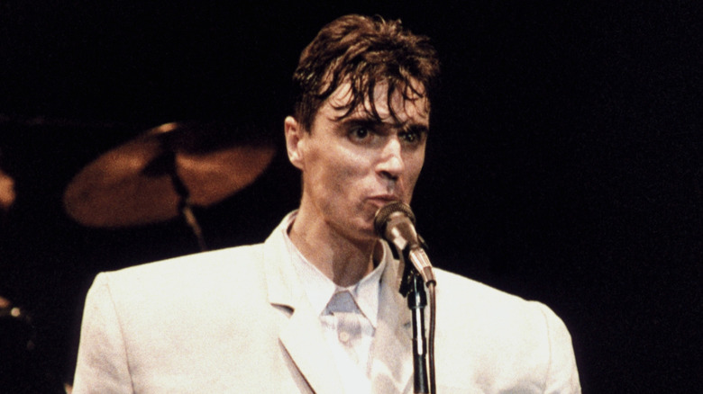 Talking Heads' David Byrne onstage in giant suit