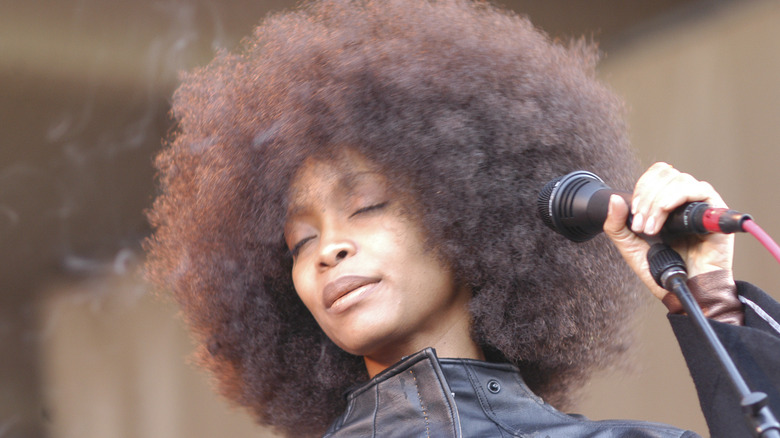Erykah Badu eyes closed with mic on stage