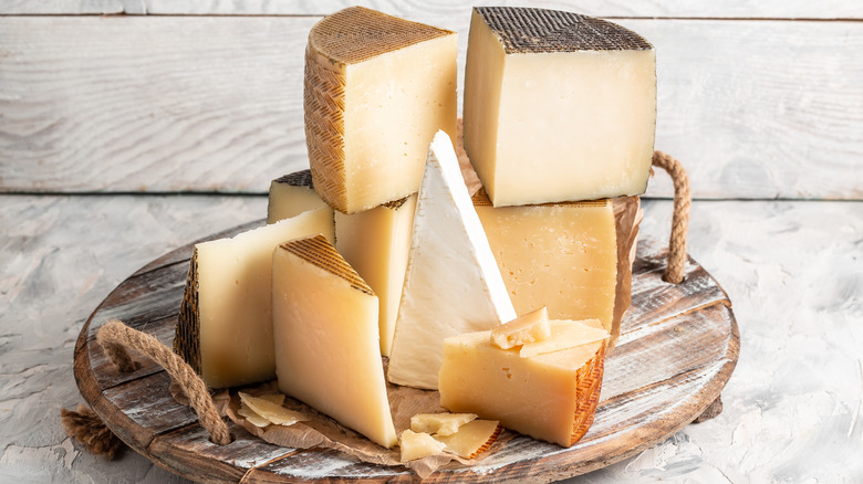 assorted cheeses on a tray