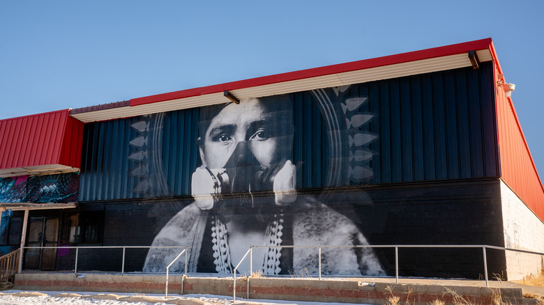 Mural of a Navajo wearing a gas mask