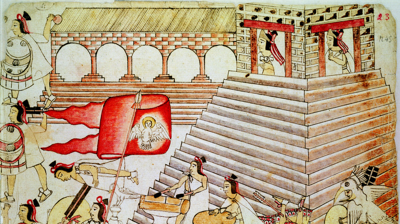 aztec warriors and musicians around temple tenochtitlan