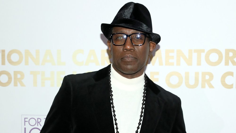 Wesley Snipes posing in smart suit, hat, and glasses at event