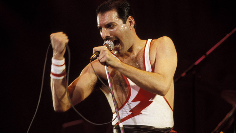 Freddie Mercury singing and clenching fist
