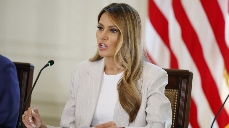 Melania Trump speaking from desk in White House