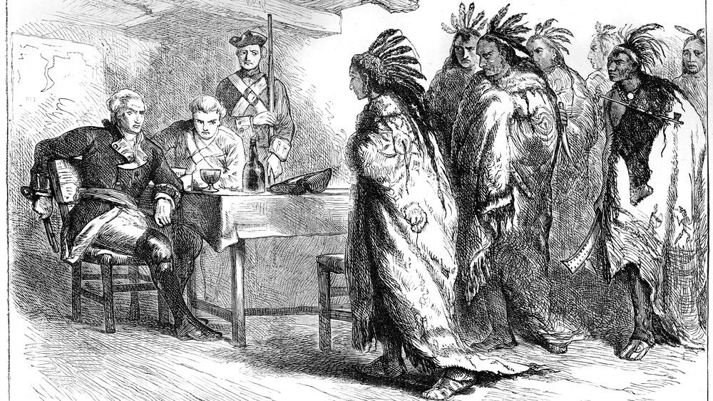 Drawing of Indian rebel chief Pontiac with his English foes