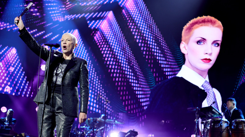 Annie Lennox performing leather suit