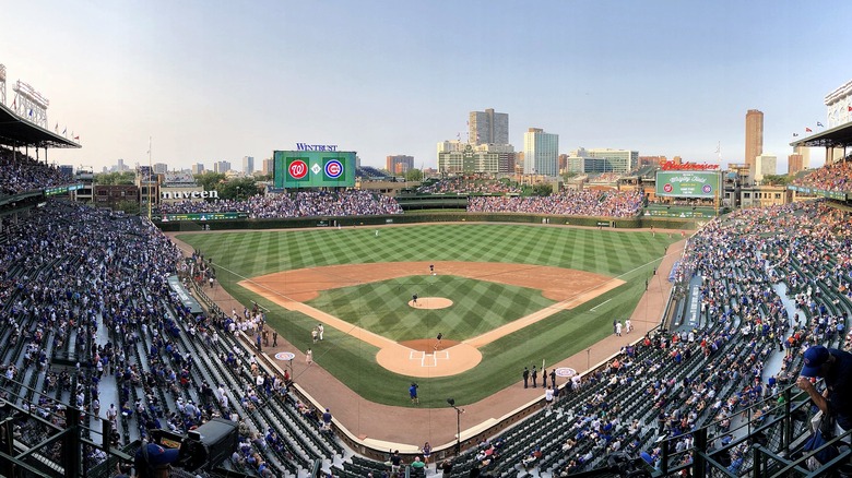 aerial view of crowded baseball stadium