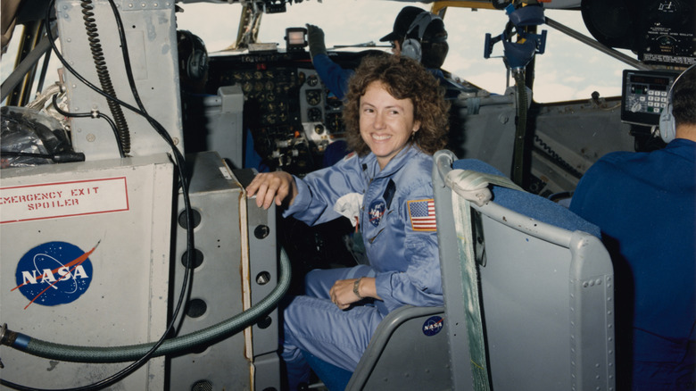 Christa McAuliffe smiling during a test flight