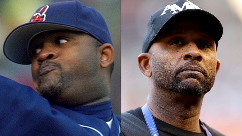 cc sabathia blue hat pitching and watching game
