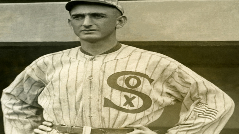 Shoeless Joe Jackson poses for picture in ballpark