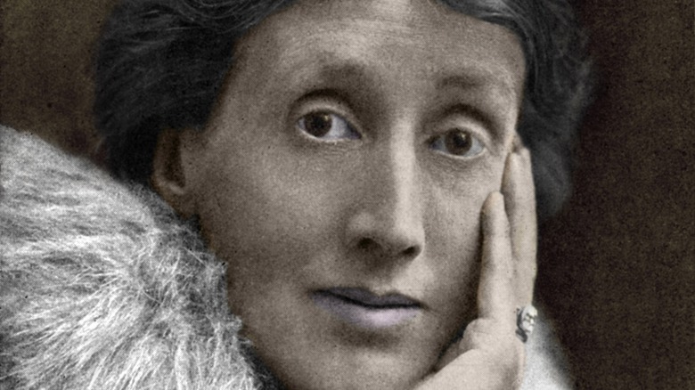 Tinted photo of Virginia Woolf with her head on her hand