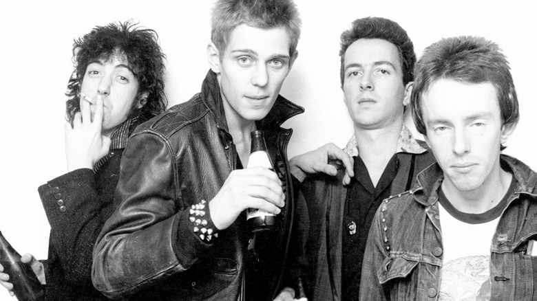 The Clash posing for a black-and-white portrait